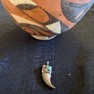 Turquoise & Coral Bear Claw Pendant - Vintage Southwestern